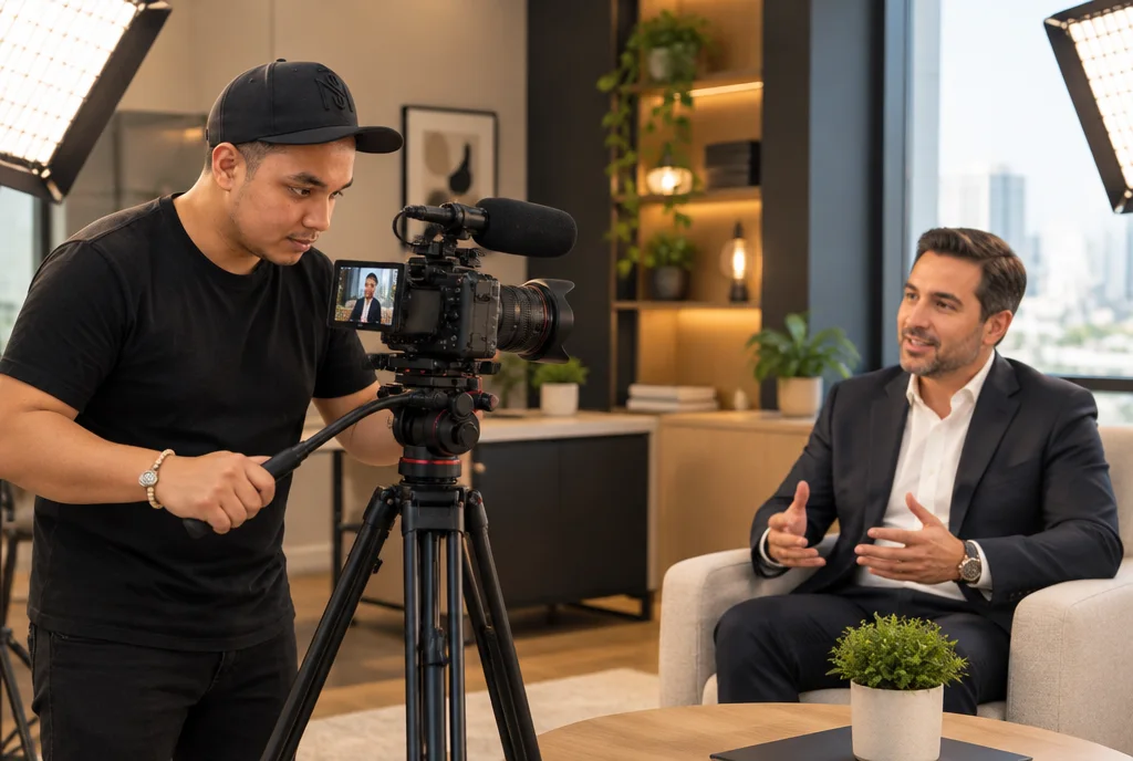 Recreación de Dylan dirigiendo una entrevista corporativa