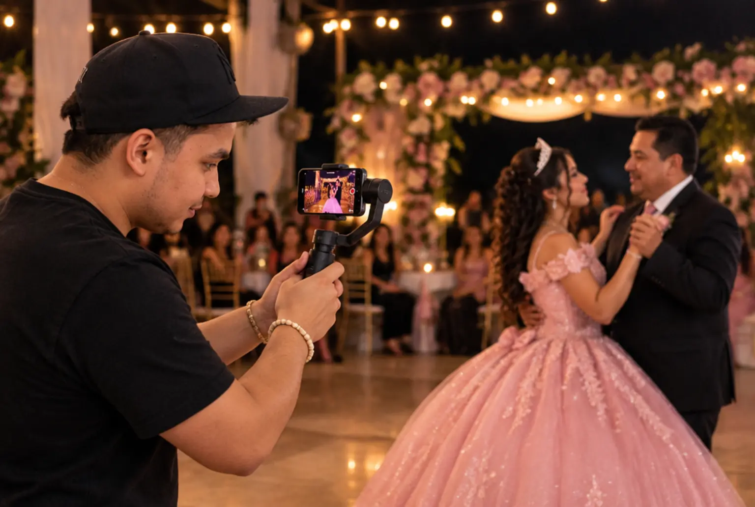 Dylan Rabelo fotografiando con celular el vals de una quinceañera en Valledupar