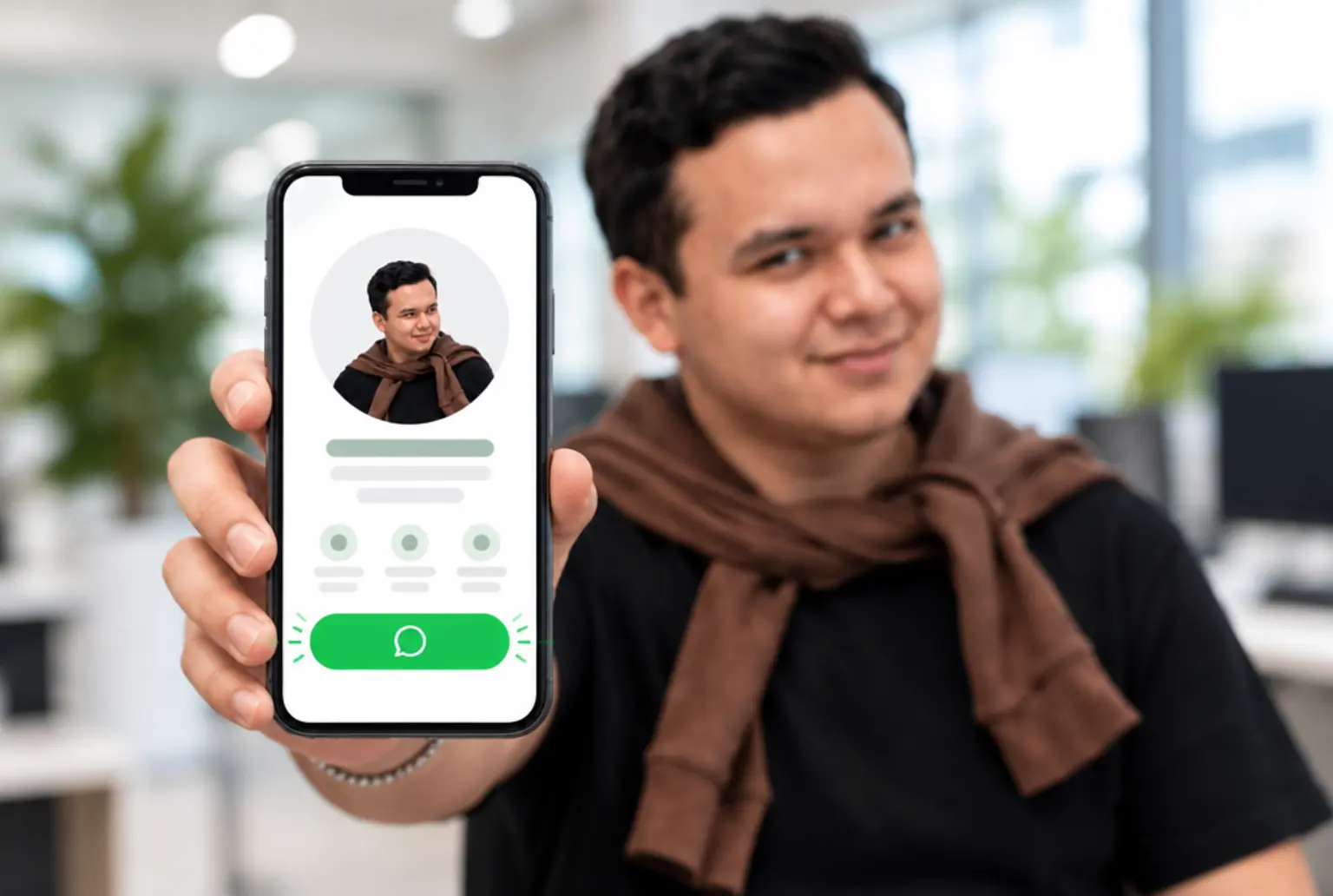 Celular mostrando una landing page con botón de contacto por WhatsApp